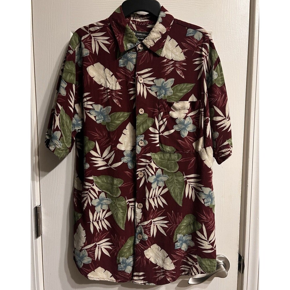 Duke Kahanamoku Men’s M Rayon Short Sleeve Button-Up Burgundy Tropical w/Pocket